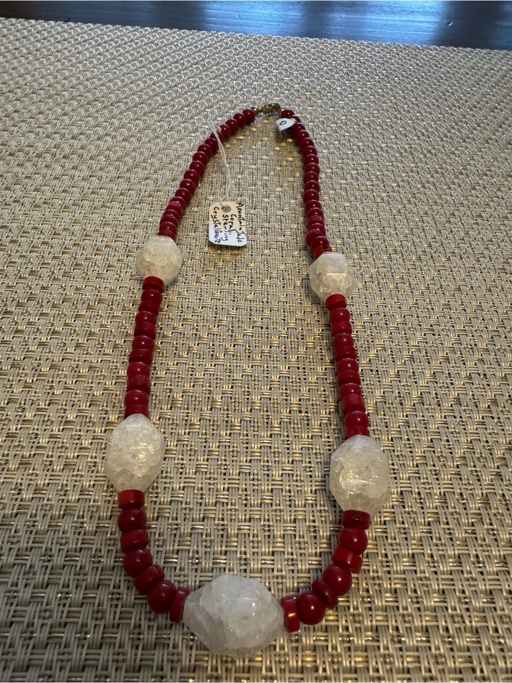 18” Mountain Jade Coral & Crystal Quartz  Beaded Necklace w Sterling Clasp